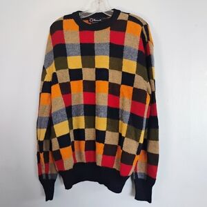 VINTAGE Faconnable Checkered Size L Crewneck Sweater 100% Alpaca Wool Retro